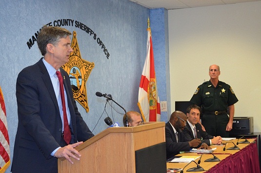 Pictured – Center: U.S. Attorney Lee Bentley; Left to right: Assistant State Attorney, Fourth Judicial Circuit Mark Caliel, Jacksonville Sheriff’s Office Undersheriff Dwayne Senterfitt, Florida Department of Law Enforcement Jacksonville Regional Special Agent in Charge Dennis Bustle, Special Agent in Charge for the Southeast Field Office of the U.S. Naval Criminal Investigative Service Andrew Snowdon, Jacksonville FBI Supervisory Special Agent/Violent Crimes Squad Deborah McCarley, and Jacksonville Sheriff’s Office Sheriff John Rutherford